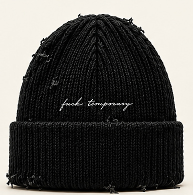 Distressed black beanie, back, with script embroidery