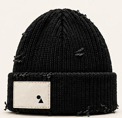 Distressed black beanie with a bone woven patch, front