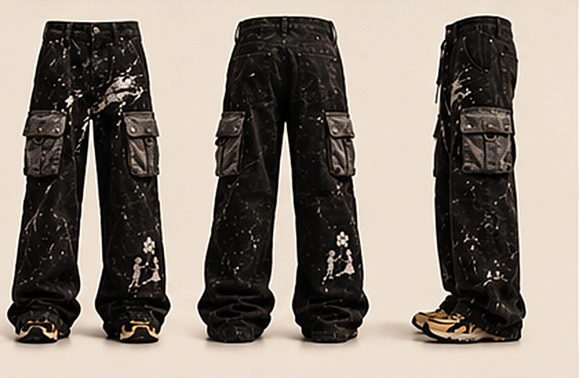 Terrain Cargo trousers in black hand-painted canvas, shown front, back and side