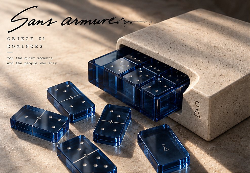 Deep blue resin dominoes sliding from a monolithic stone case