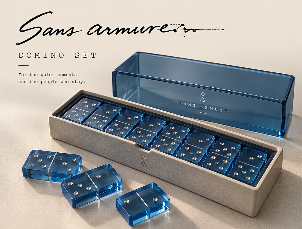 Blue resin domino set in a stone tray with a clear blue lid