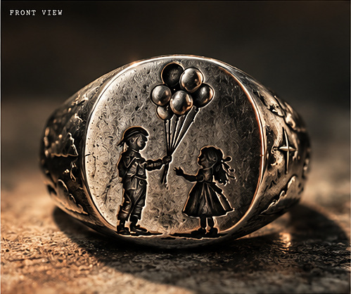 Balloon Ring in antique polished sterling silver, engraved with a boy handing balloons to a girl
