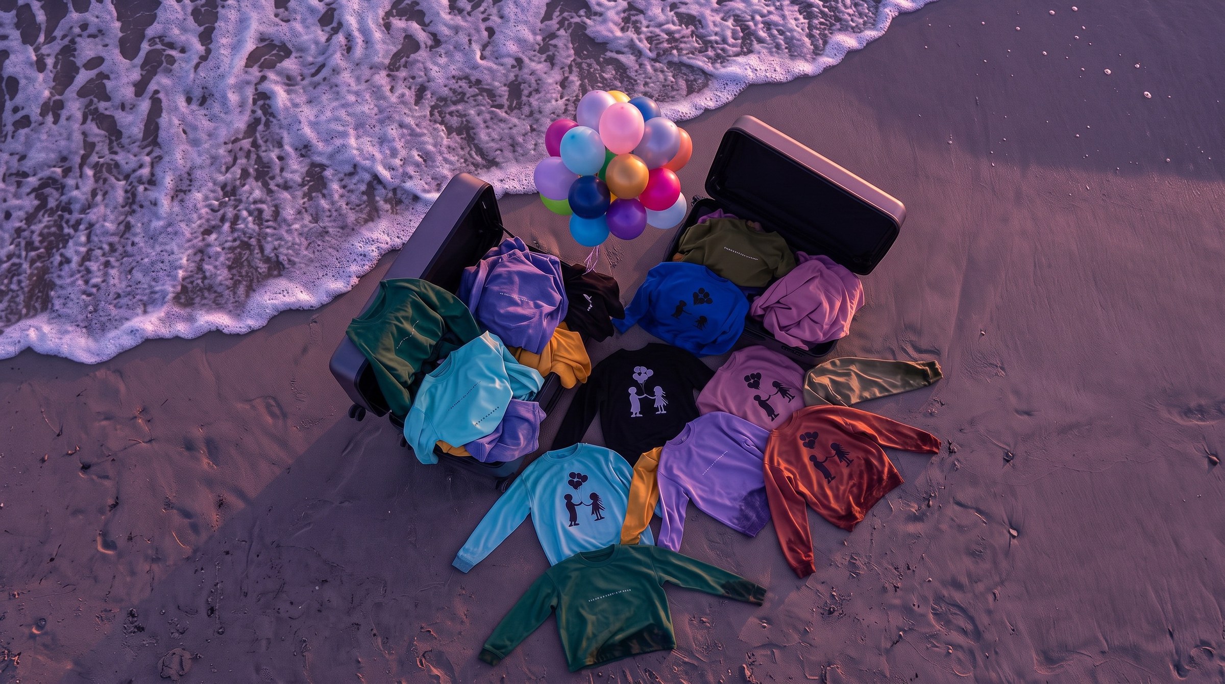 Here to Stay long sleeves in every color spilling from a trunk on the shore, lifted by balloons