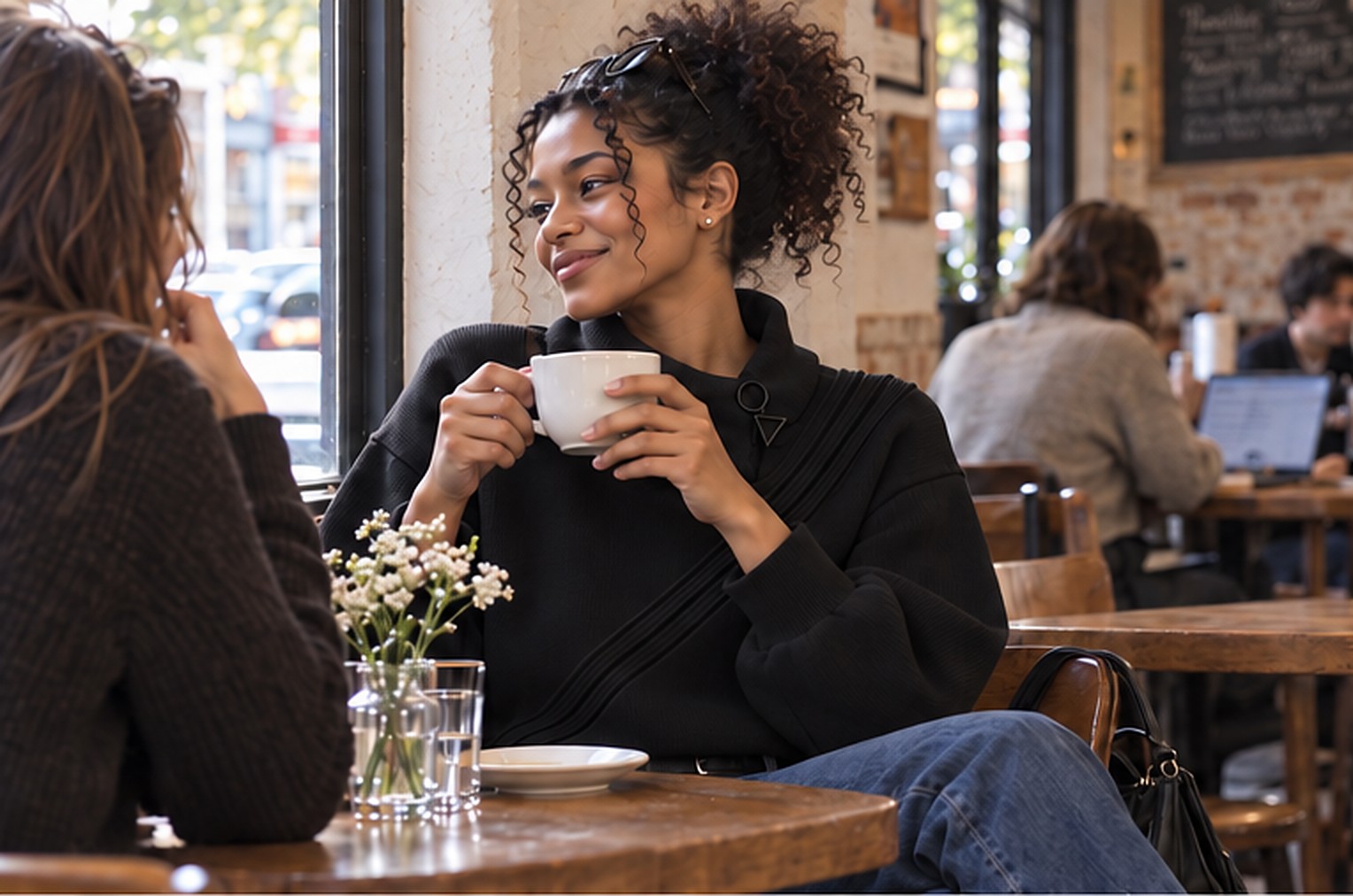 The Knitted sweater worn at a café table