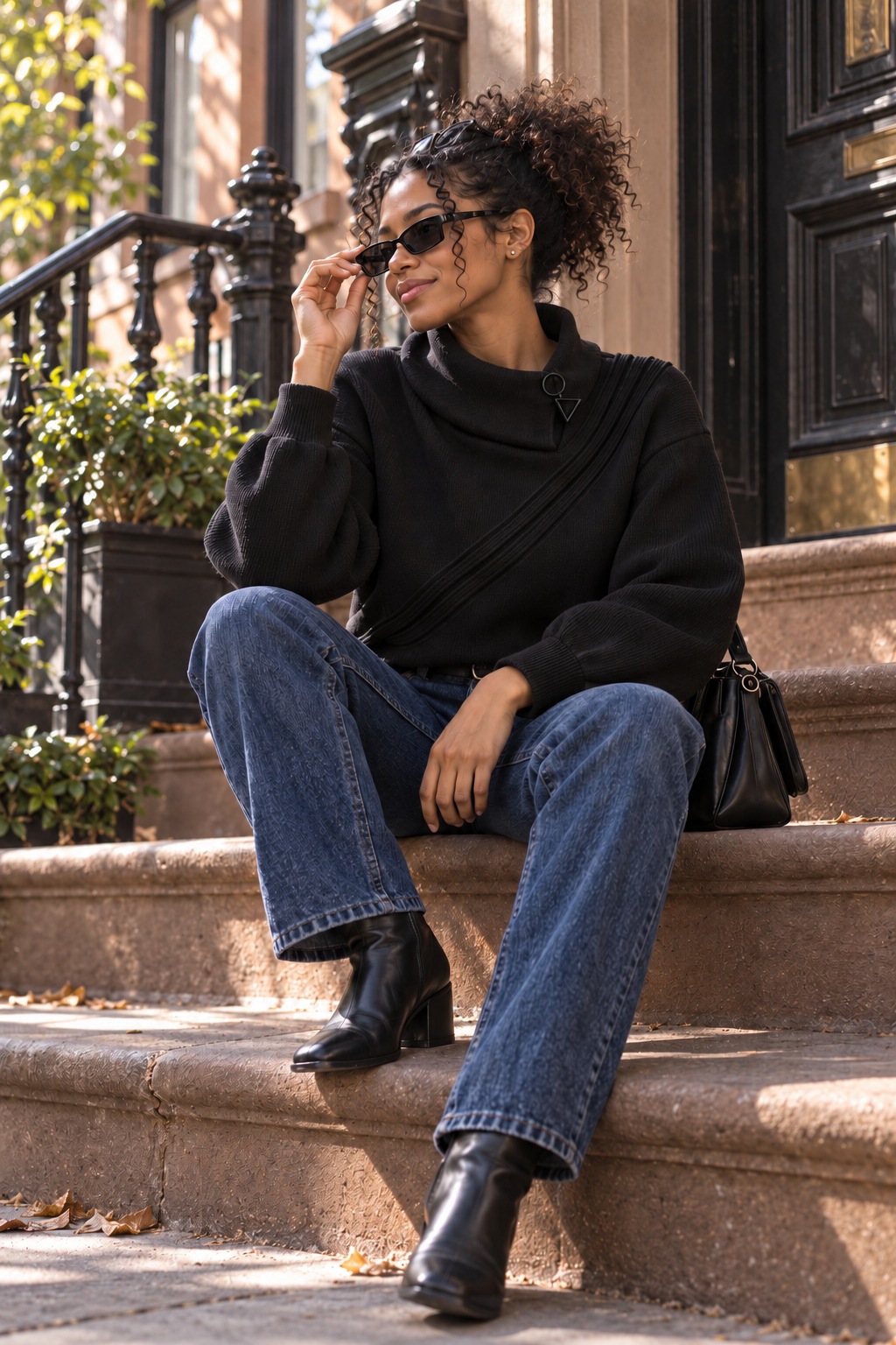 A model seated on brownstone steps in the black Knitted sweater with a cowl neck, worn with blue jeans and black boots