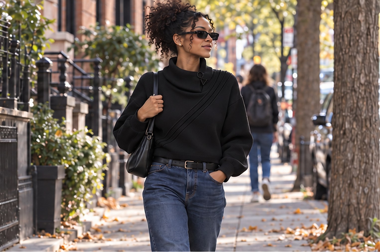 The Knitted sweater worn walking a tree-lined street