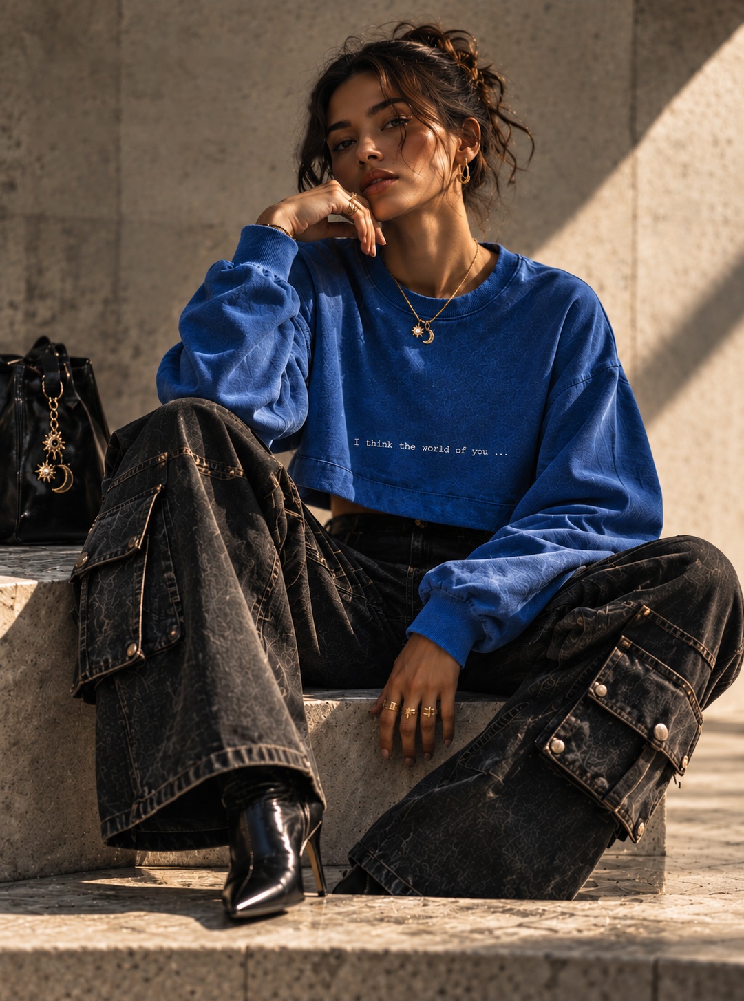 A model seated on stone steps in the ladies’ custom crop of Here to Stay in sapphire blue, the line I think the world of you typed across the front