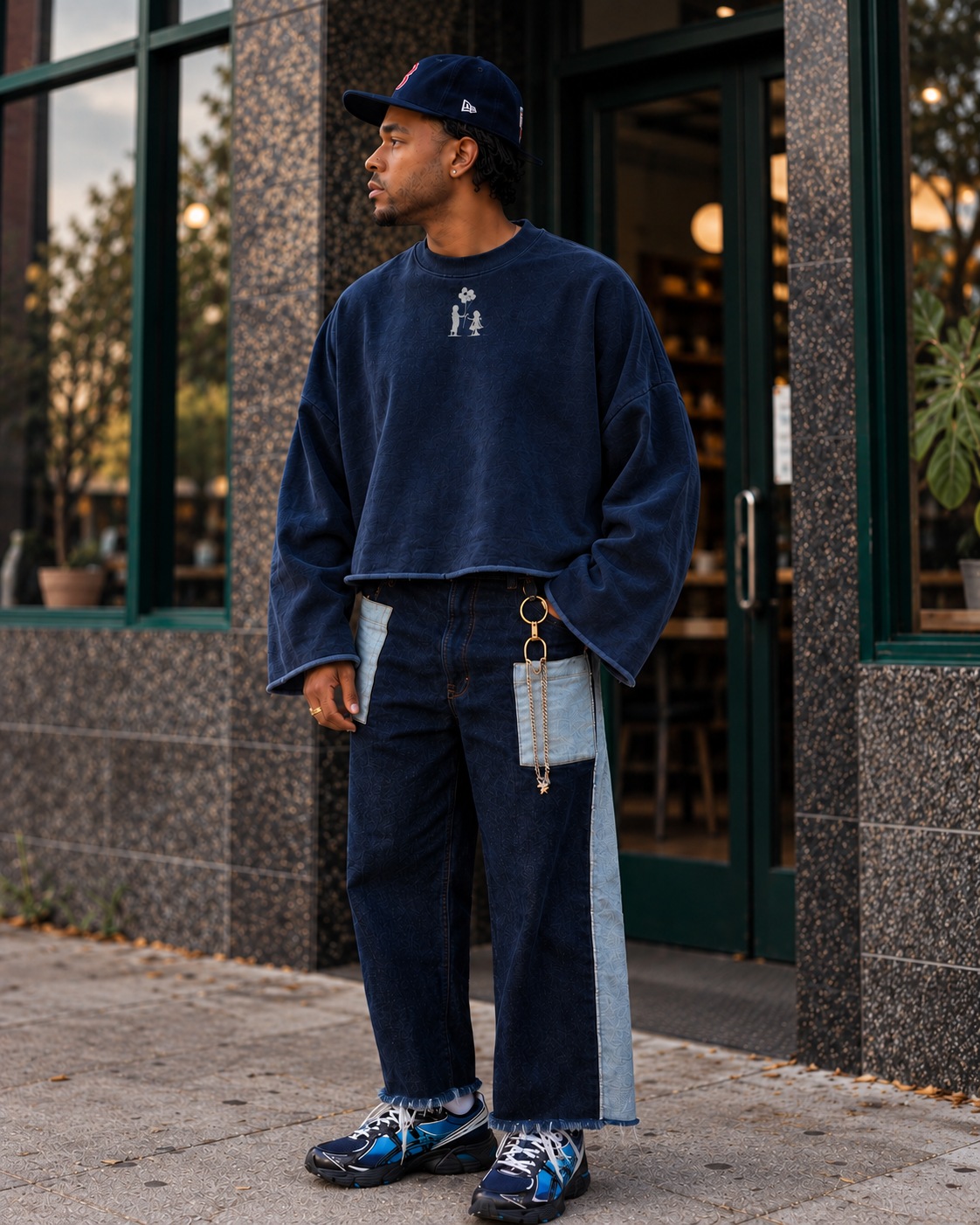 The sample sweatshirt worn on a San Francisco street in washed navy: cropped, wide sleeved, raw hemmed, with the boy, the girl and the balloons on the chest