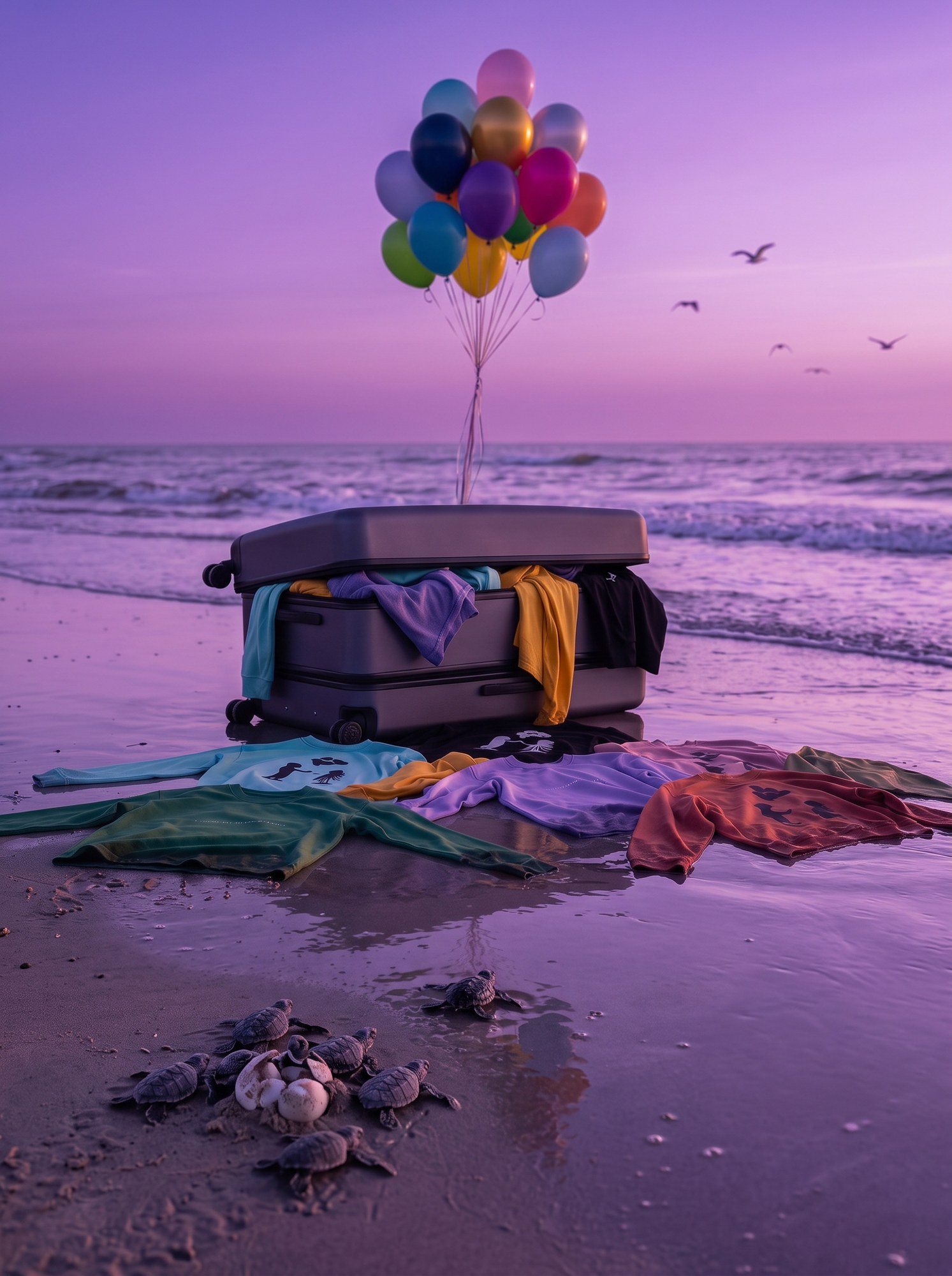 Balloons lifting from a trunk of colored long sleeves on a beach at dusk