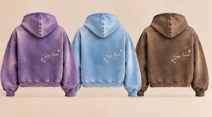 The hoodie from the back in violet, sky and earth