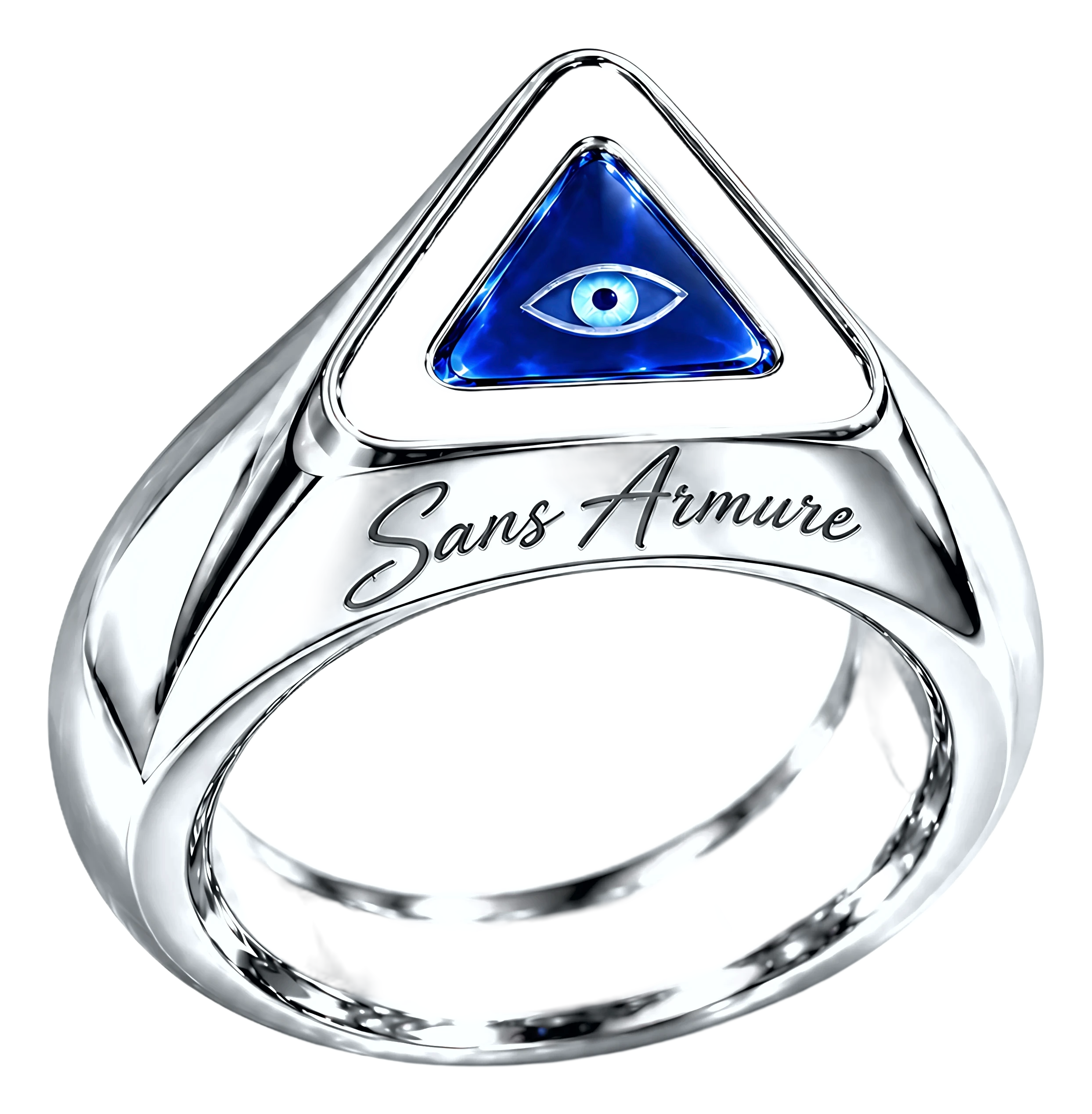 Seen: a heavy triangular signet ring with an eye behind a blue sapphire